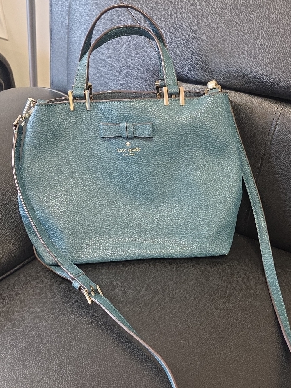 kate spade teal pebbled leather Pershing ST satchel with bow and crossbody strap